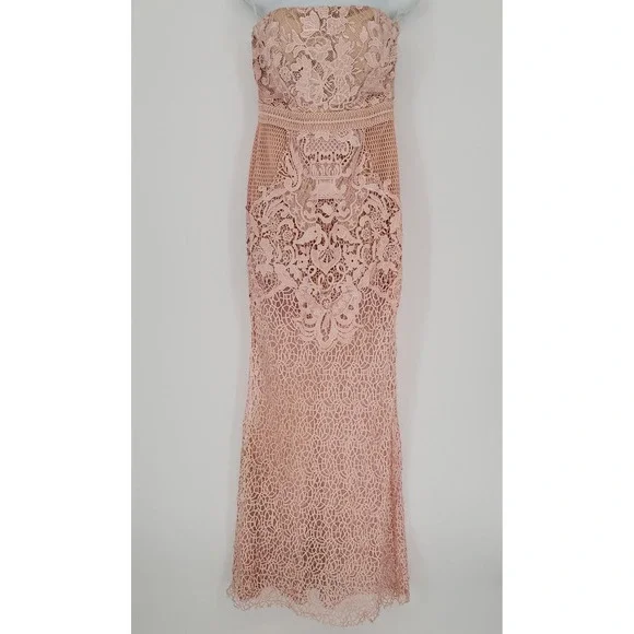 Fashion Nova Pink Crochet Lace Strapless Maxi Dress w/Built-in Shorts - Picture 2 of 9